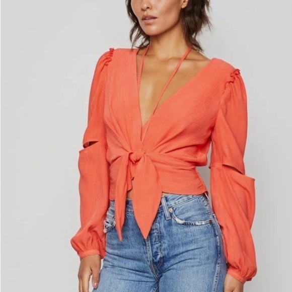 Bailey 44 Taj Long Sleeve Crinkle Texture Front Tie Cut Out Top Orange L - Picture 2 of 11